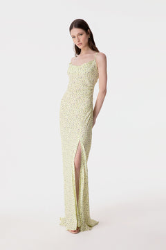 KELLY - LONG CREPE DRESS WITH SPLIT ON THE FRONT AND THIN STRAPS