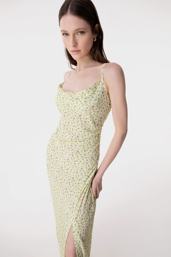 KELLY - LONG CREPE DRESS WITH SPLIT ON THE FRONT AND THIN STRAPS
