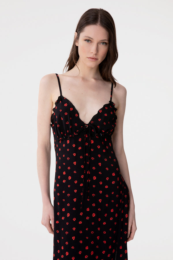 RILEY - LONG STRAIGHT DRESS IN CREPE WITH RUFFLES ON THE BREAST