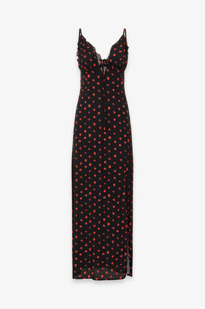 RILEY - LONG STRAIGHT DRESS IN CREPE WITH RUFFLES ON THE BREAST