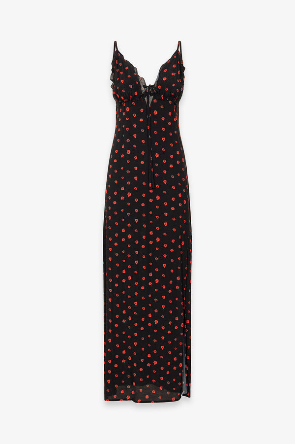 RILEY - LONG STRAIGHT DRESS IN CREPE WITH RUFFLES ON THE BREAST