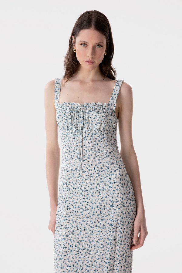 MEGAN - LONG DRESS WITH SQUARE NECK AND CREPE RUFFLES