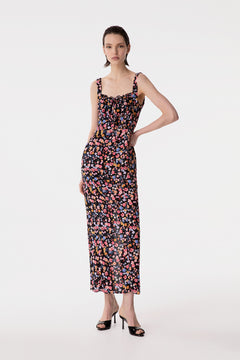 MEGAN - ABITO LUNGO CON SCOLLO SQUADRATO E ARRICCIATURE IN CREPE