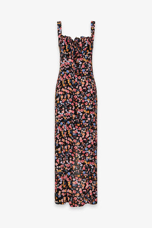 MEGAN - ABITO LUNGO CON SCOLLO SQUADRATO E ARRICCIATURE IN CREPE