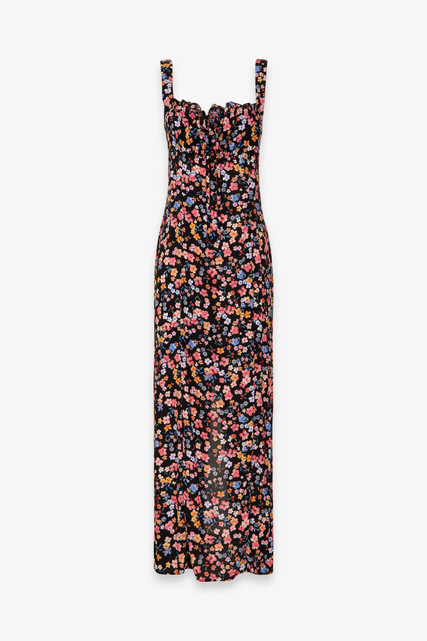 MEGAN - ABITO LUNGO CON SCOLLO SQUADRATO E ARRICCIATURE IN CREPE