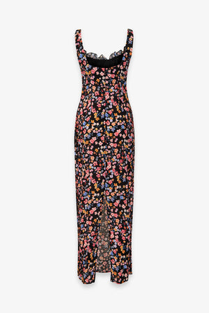 MEGAN - ABITO LUNGO CON SCOLLO SQUADRATO E ARRICCIATURE IN CREPE