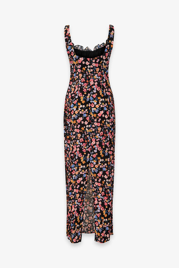 MEGAN - ABITO LUNGO CON SCOLLO SQUADRATO E ARRICCIATURE IN CREPE