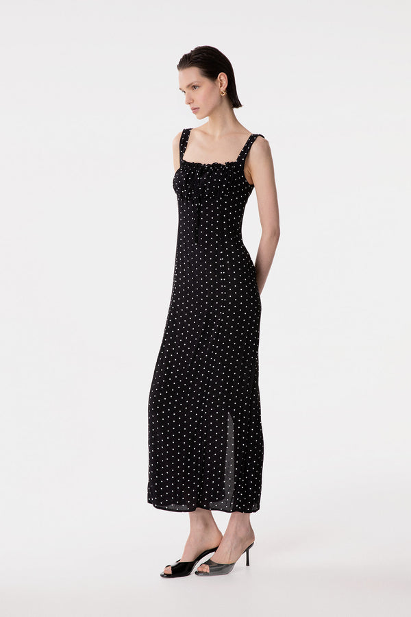 MEGAN - LONG DRESS WITH SQUARE NECK AND CREPE RUFFLES