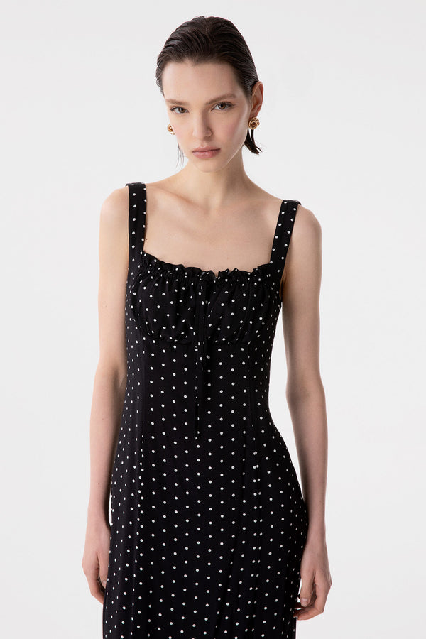 MEGAN - LONG DRESS WITH SQUARE NECK AND CREPE RUFFLES