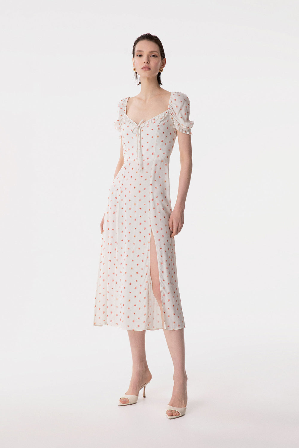 NIKITA - ABITO MIDI A MEZZA MANICA CON VOLANT SULLO SCOLLO IN CREPE
