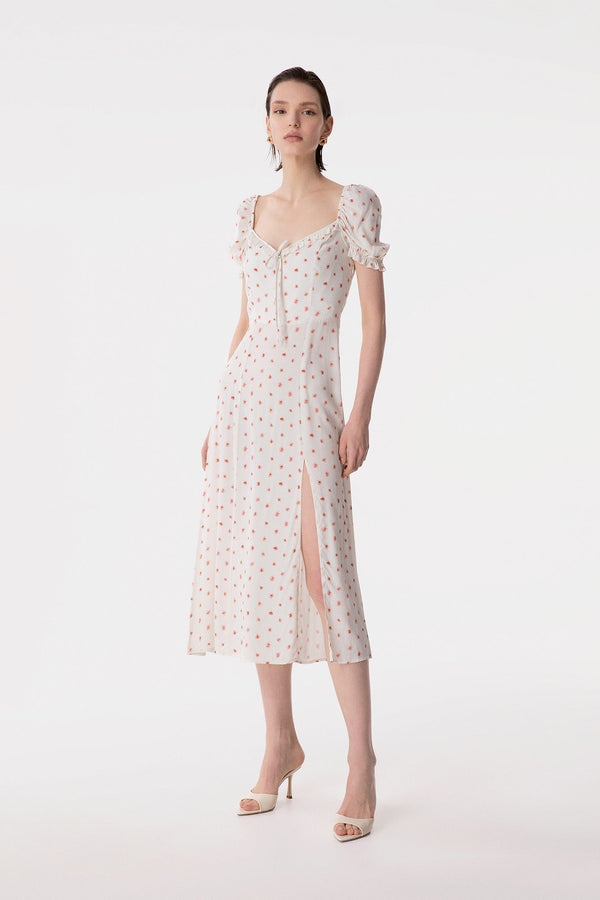 NIKITA - ABITO MIDI A MEZZA MANICA CON VOLANT SULLO SCOLLO IN CREPE