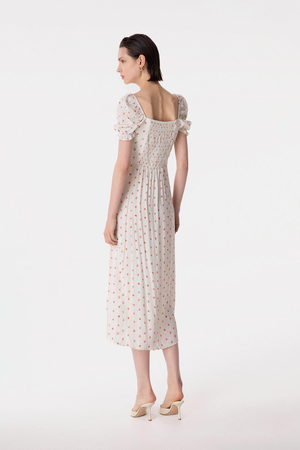 NIKITA - ABITO MIDI A MEZZA MANICA CON VOLANT SULLO SCOLLO IN CREPE