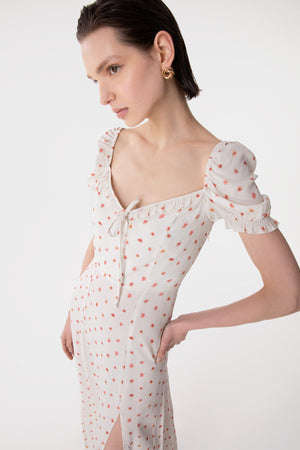 NIKITA - ABITO MIDI A MEZZA MANICA CON VOLANT SULLO SCOLLO IN CREPE