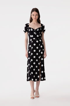 NIKITA - ABITO MIDI A MEZZA MANICA CON VOLANT SULLO SCOLLO IN CREPE