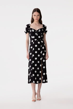 NIKITA - ABITO MIDI A MEZZA MANICA CON VOLANT SULLO SCOLLO IN CREPE