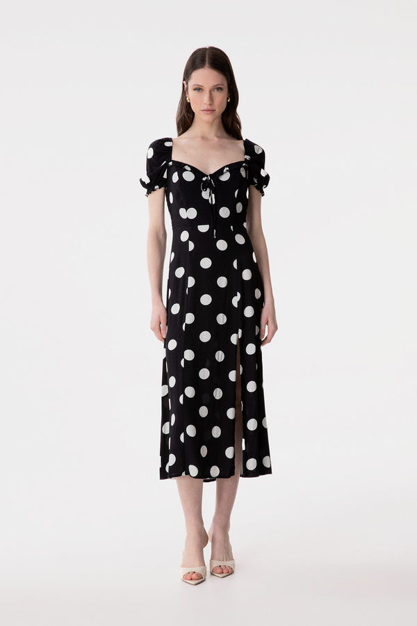 NIKITA - ABITO MIDI A MEZZA MANICA CON VOLANT SULLO SCOLLO IN CREPE