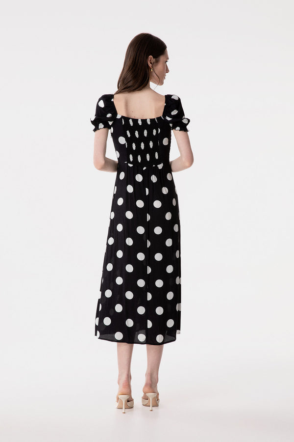 NIKITA - ABITO MIDI A MEZZA MANICA CON VOLANT SULLO SCOLLO IN CREPE
