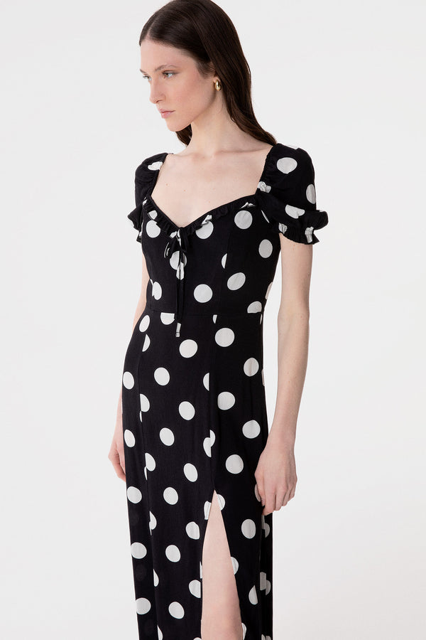NIKITA - ABITO MIDI A MEZZA MANICA CON VOLANT SULLO SCOLLO IN CREPE