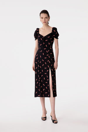 NIKITA - ABITO MIDI A MEZZA MANICA CON VOLANT SULLO SCOLLO IN CREPE