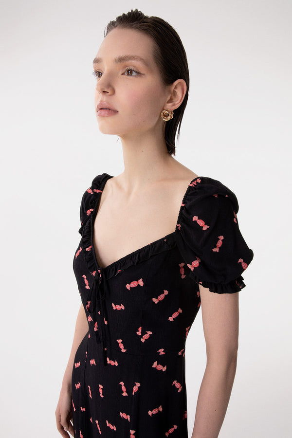 NIKITA - ABITO MIDI A MEZZA MANICA CON VOLANT SULLO SCOLLO IN CREPE