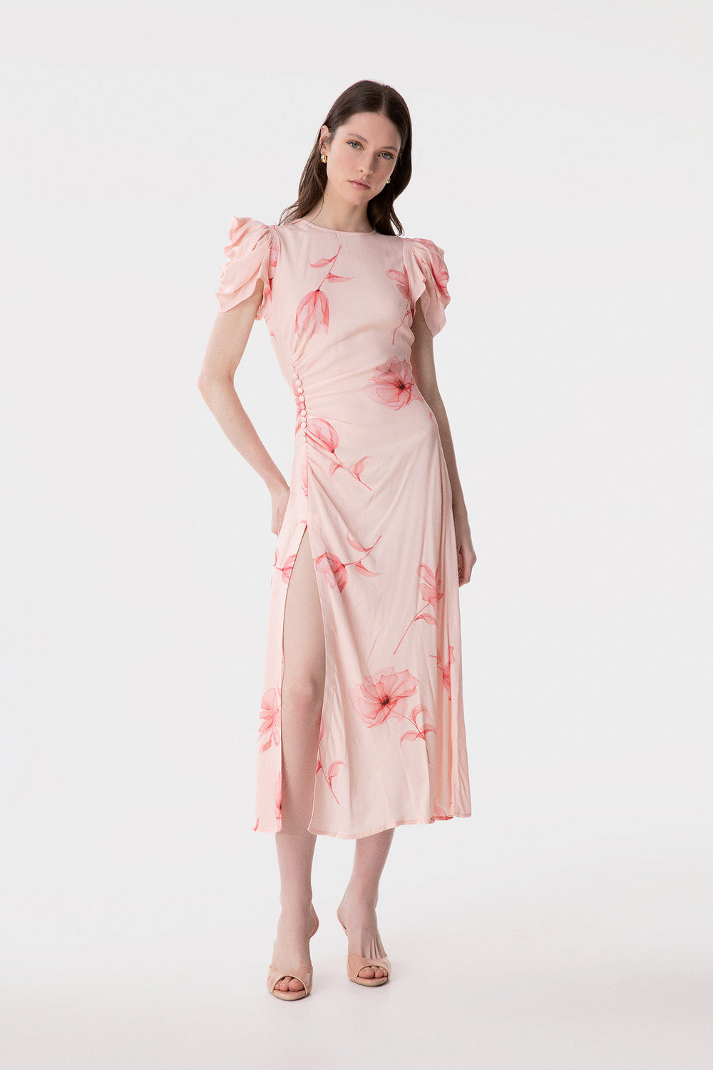 KRISTEL - ABITO MIDI CON DRAPPEGGIO E BOTTONCINI IN CREPE CON SPACCO LATERALE