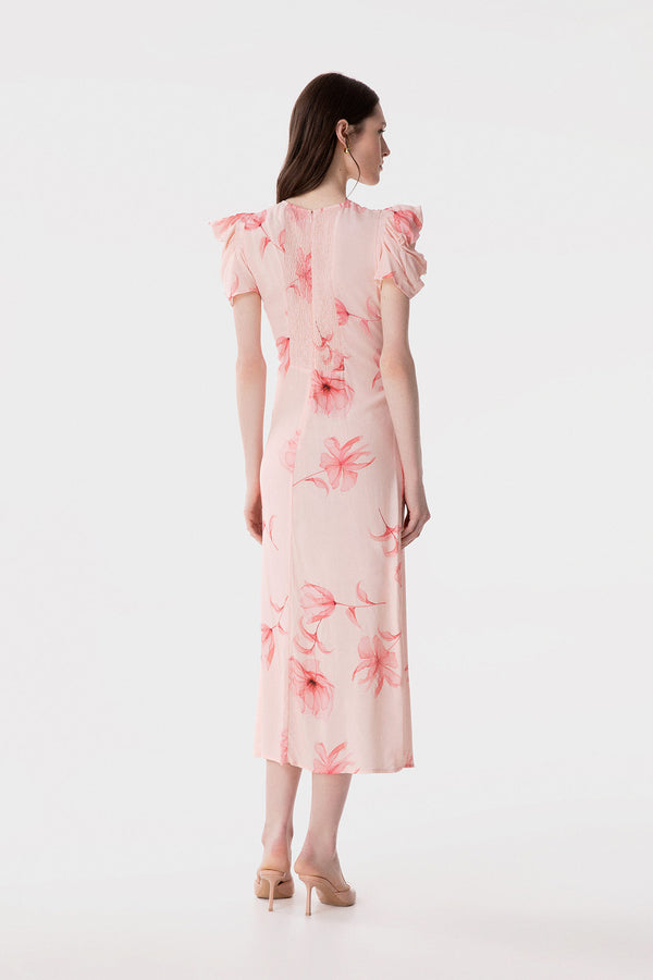 KRISTEL - ABITO MIDI CON DRAPPEGGIO E BOTTONCINI IN CREPE CON SPACCO LATERALE