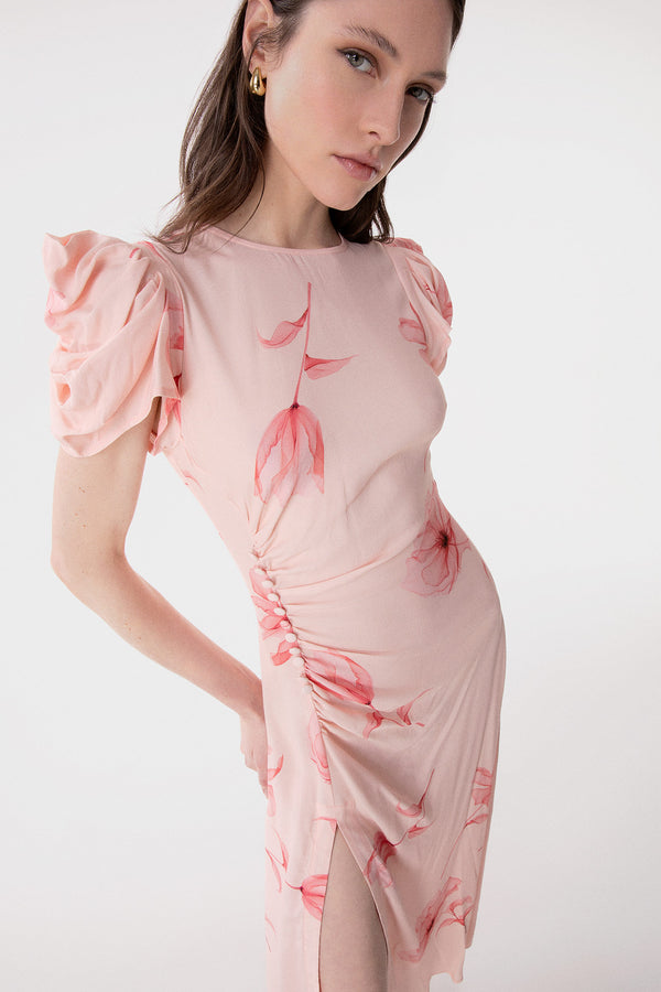 KRISTEL - ABITO MIDI CON DRAPPEGGIO E BOTTONCINI IN CREPE CON SPACCO LATERALE