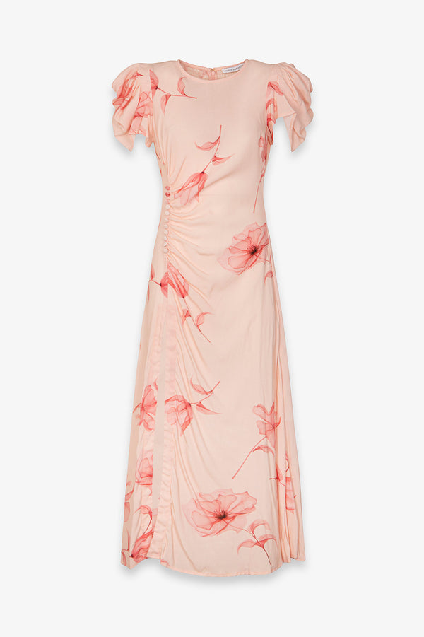 KRISTEL - ABITO MIDI CON DRAPPEGGIO E BOTTONCINI IN CREPE CON SPACCO LATERALE