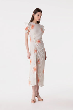 KRISTEL - CREPE MIDI DRESS WITH DRAPING AND BUTTONS WITH SIDE SPLIT