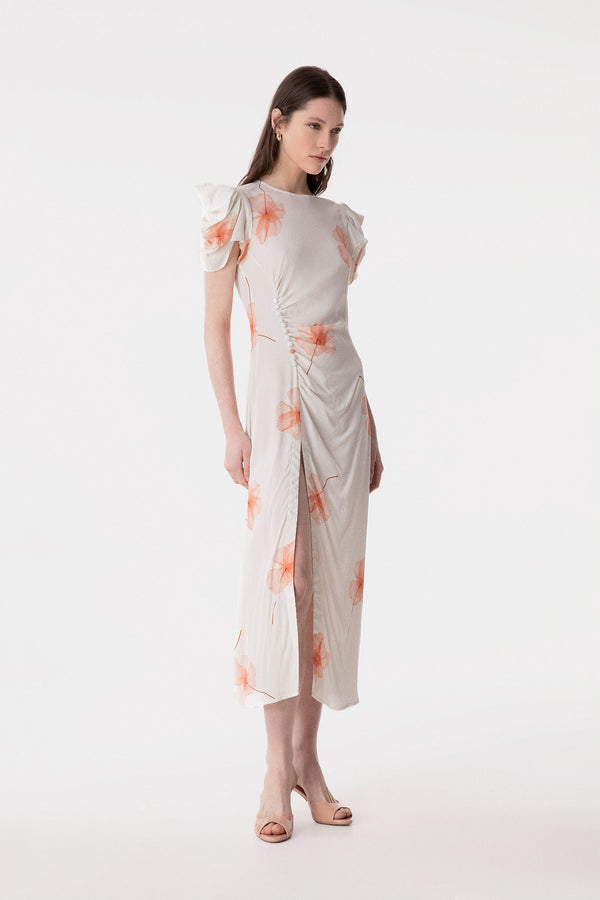 KRISTEL - CREPE MIDI DRESS WITH DRAPING AND BUTTONS WITH SIDE SPLIT