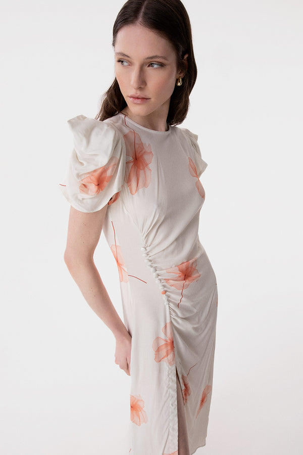 KRISTEL - CREPE MIDI DRESS WITH DRAPING AND BUTTONS WITH SIDE SPLIT