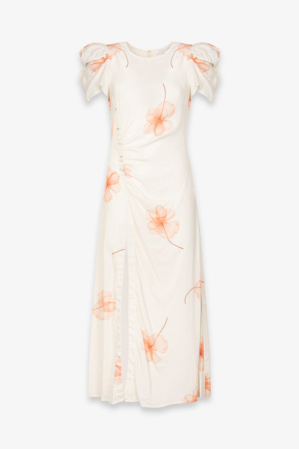 KRISTEL - CREPE MIDI DRESS WITH DRAPING AND BUTTONS WITH SIDE SPLIT