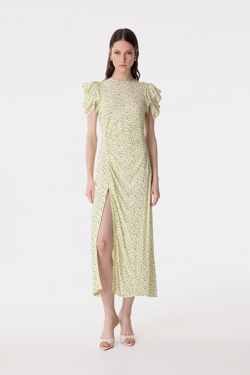 KRISTEL - ABITO MIDI CON DRAPPEGGIO E BOTTONCINI IN CREPE CON SPACCO LATERALE