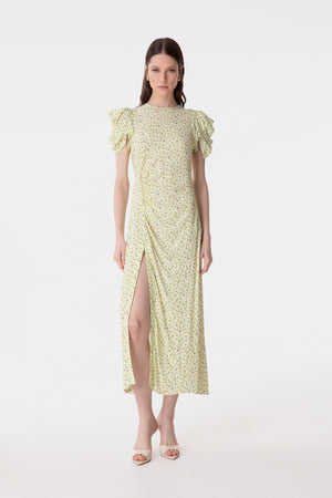 KRISTEL - ABITO MIDI CON DRAPPEGGIO E BOTTONCINI IN CREPE CON SPACCO LATERALE
