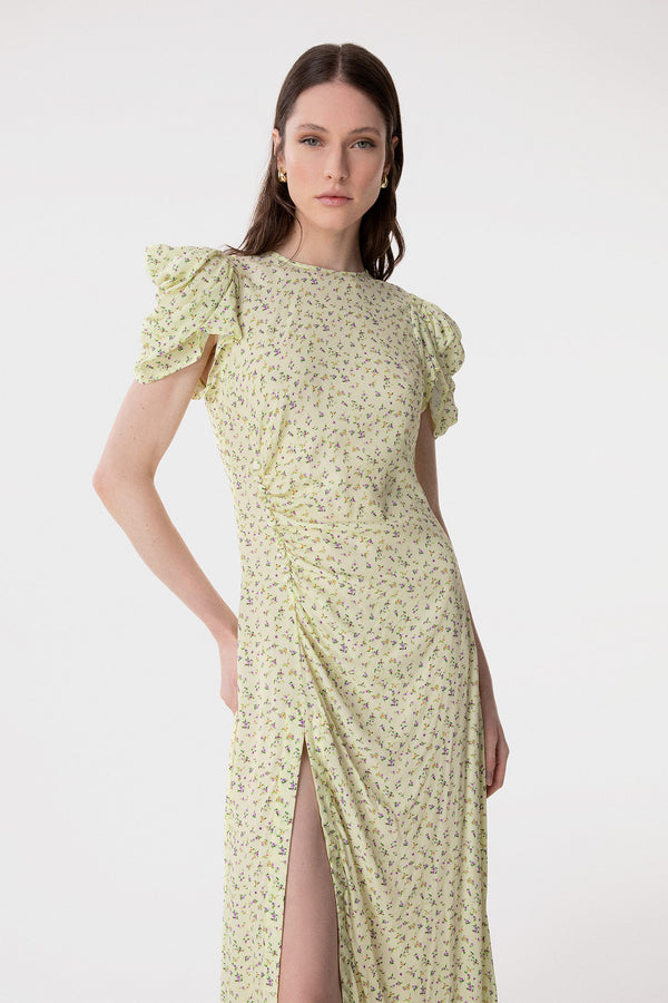 KRISTEL - ABITO MIDI CON DRAPPEGGIO E BOTTONCINI IN CREPE CON SPACCO LATERALE