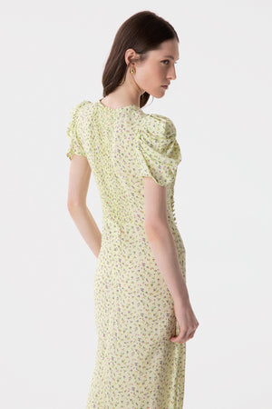 KRISTEL - ABITO MIDI CON DRAPPEGGIO E BOTTONCINI IN CREPE CON SPACCO LATERALE