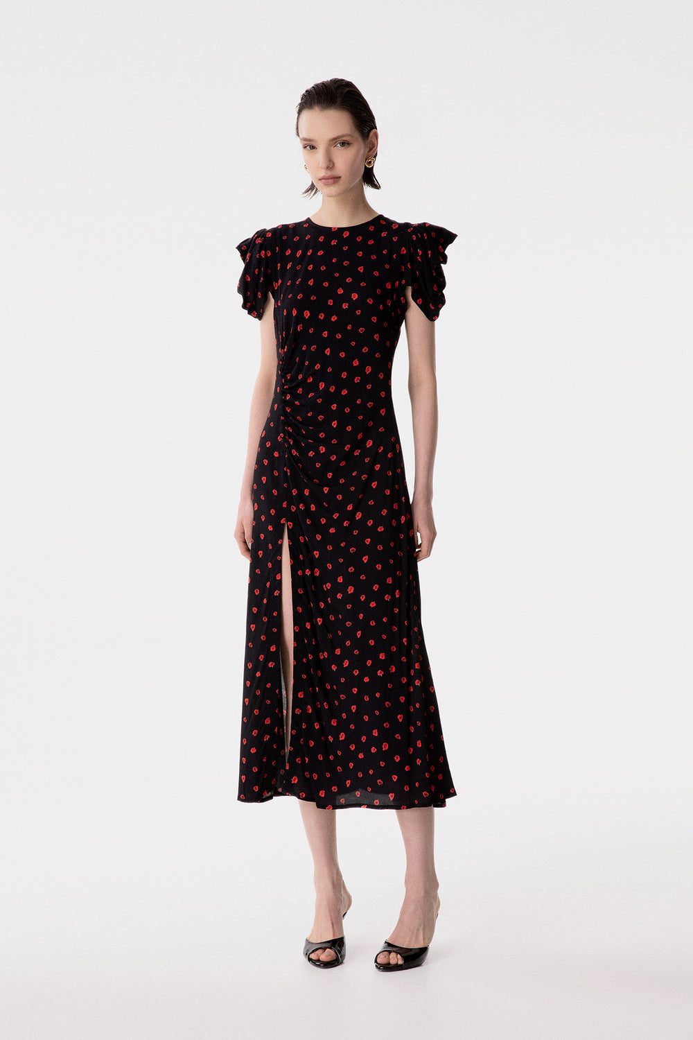 KRISTEL - ABITO MIDI CON DRAPPEGGIO E BOTTONCINI IN CREPE CON SPACCO LATERALE