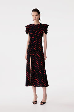 KRISTEL - ABITO MIDI CON DRAPPEGGIO E BOTTONCINI IN CREPE CON SPACCO LATERALE