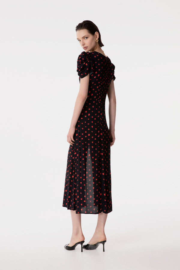 KRISTEL - ABITO MIDI CON DRAPPEGGIO E BOTTONCINI IN CREPE CON SPACCO LATERALE