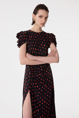 KRISTEL - ABITO MIDI CON DRAPPEGGIO E BOTTONCINI IN CREPE CON SPACCO LATERALE