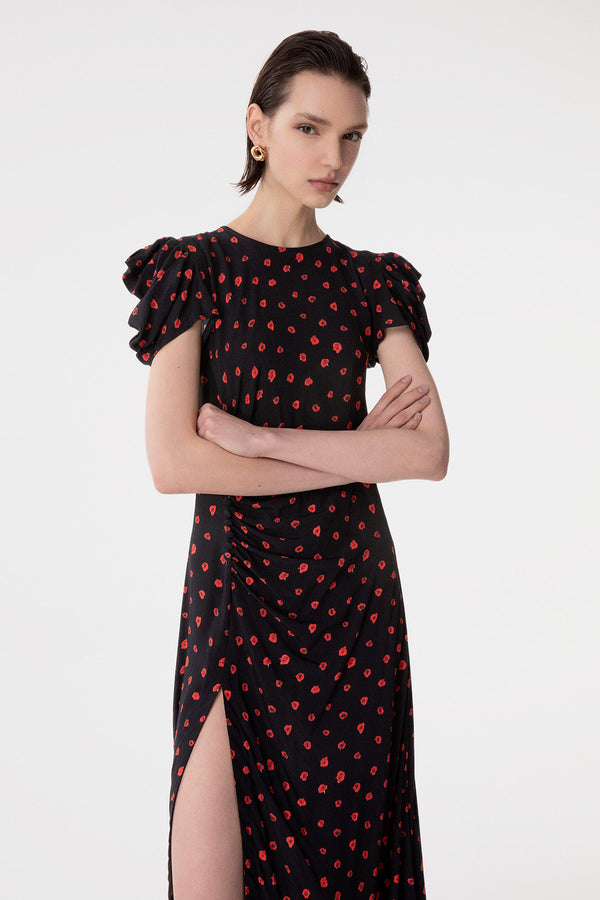 KRISTEL - ABITO MIDI CON DRAPPEGGIO E BOTTONCINI IN CREPE CON SPACCO LATERALE