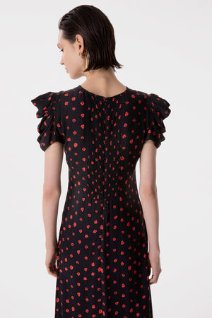 KRISTEL - ABITO MIDI CON DRAPPEGGIO E BOTTONCINI IN CREPE CON SPACCO LATERALE