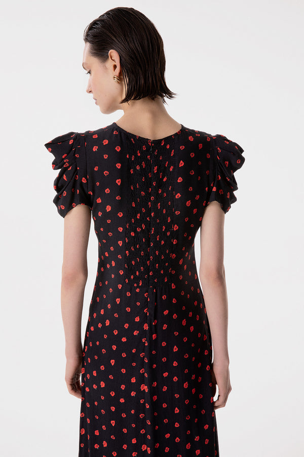 KRISTEL - ABITO MIDI CON DRAPPEGGIO E BOTTONCINI IN CREPE CON SPACCO LATERALE