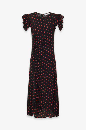KRISTEL - ABITO MIDI CON DRAPPEGGIO E BOTTONCINI IN CREPE CON SPACCO LATERALE