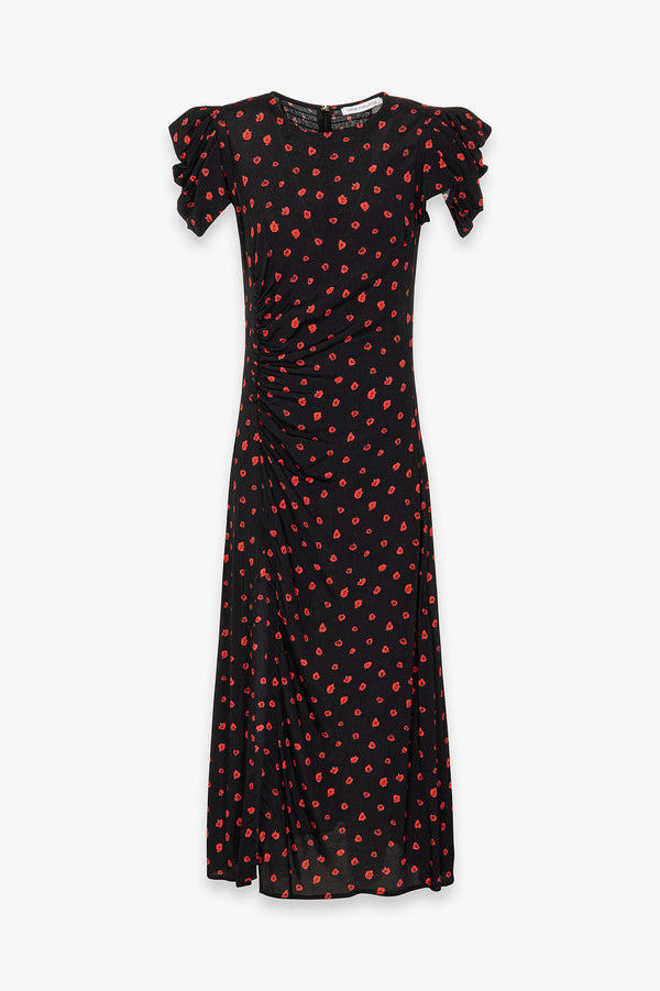 KRISTEL - ABITO MIDI CON DRAPPEGGIO E BOTTONCINI IN CREPE CON SPACCO LATERALE