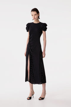 KRISTEL - ABITO MIDI CON DRAPPEGGIO E BOTTONCINI IN CREPE CON SPACCO LATERALE