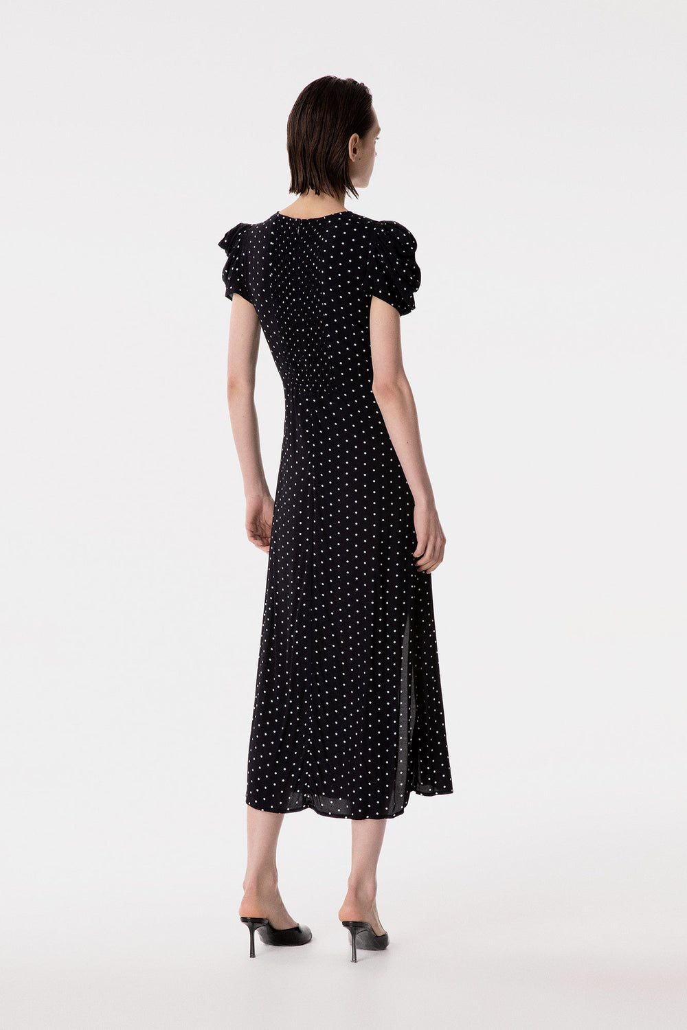 KRISTEL - ABITO MIDI CON DRAPPEGGIO E BOTTONCINI IN CREPE CON SPACCO LATERALE
