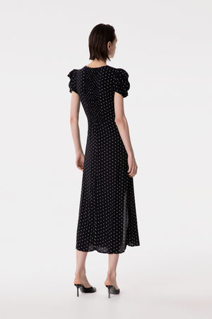 KRISTEL - ABITO MIDI CON DRAPPEGGIO E BOTTONCINI IN CREPE CON SPACCO LATERALE