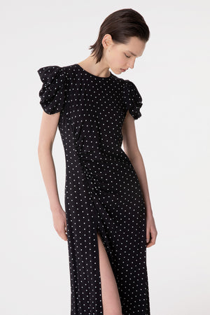 KRISTEL - ABITO MIDI CON DRAPPEGGIO E BOTTONCINI IN CREPE CON SPACCO LATERALE