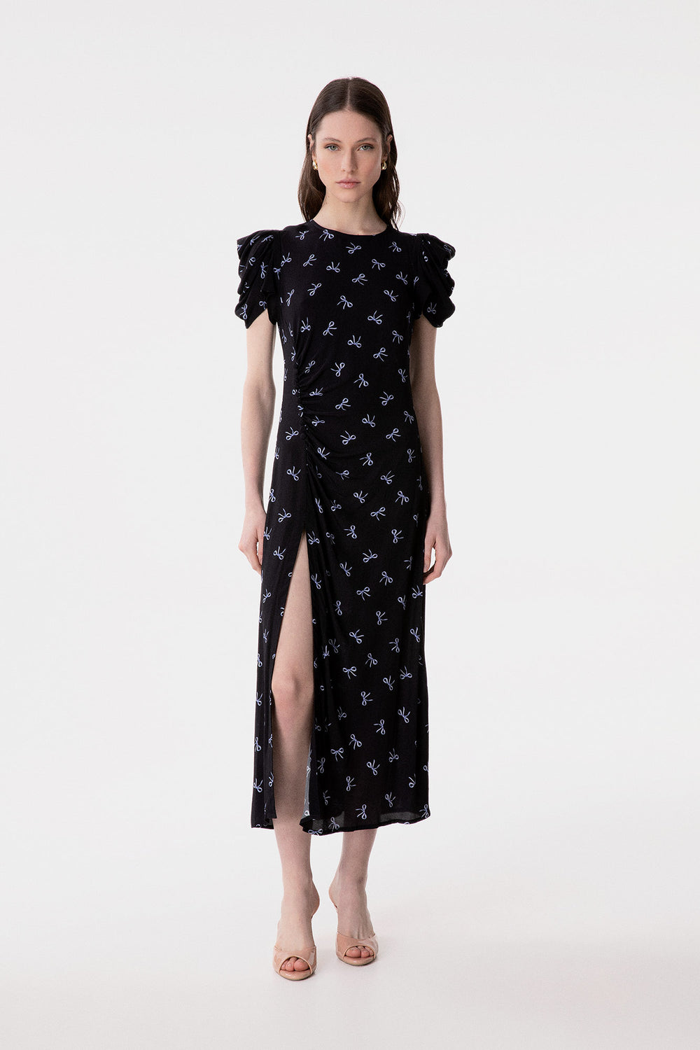 KRISTEL - ABITO MIDI CON DRAPPEGGIO E BOTTONCINI IN CREPE CON SPACCO LATERALE